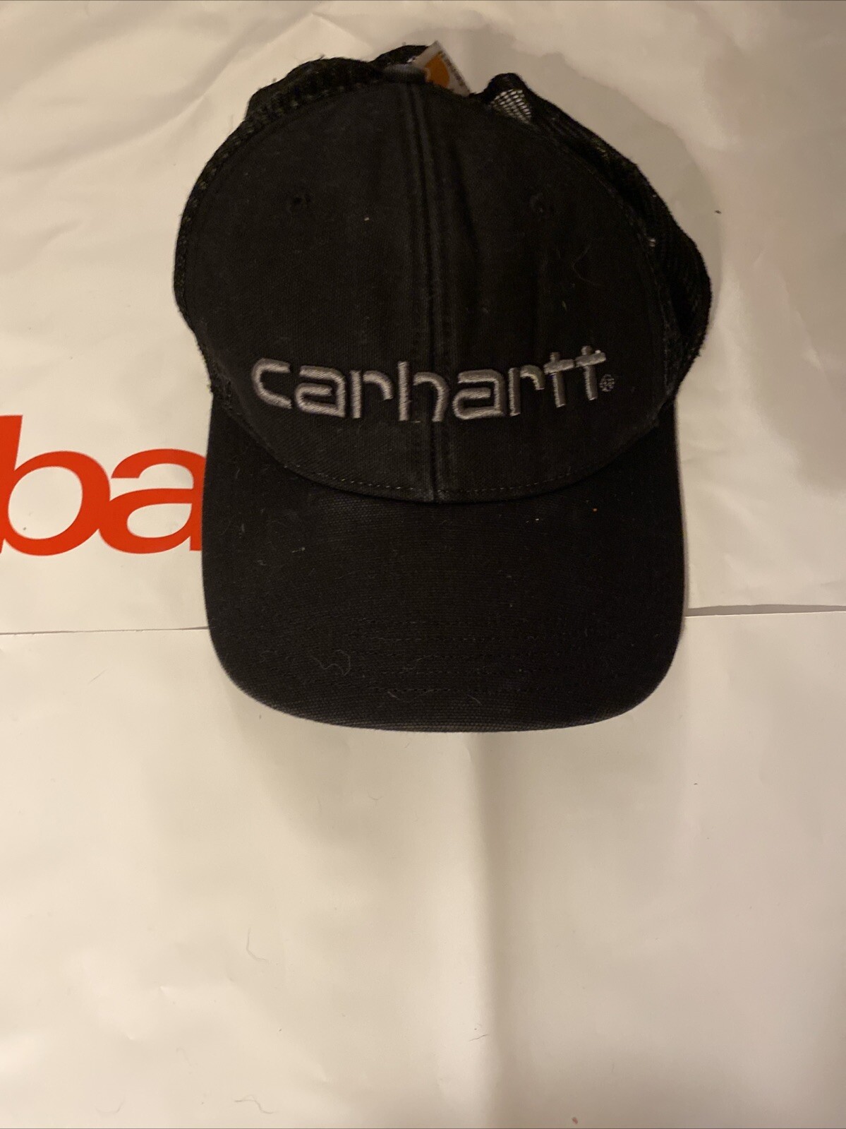 Carhartt Mens Black Adjustable Mesh Trucker Hat with Embroidered Logo
