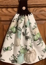 Double hanging kitchen towel Fall Autumn Pumpkins pine cone crocheted brown top