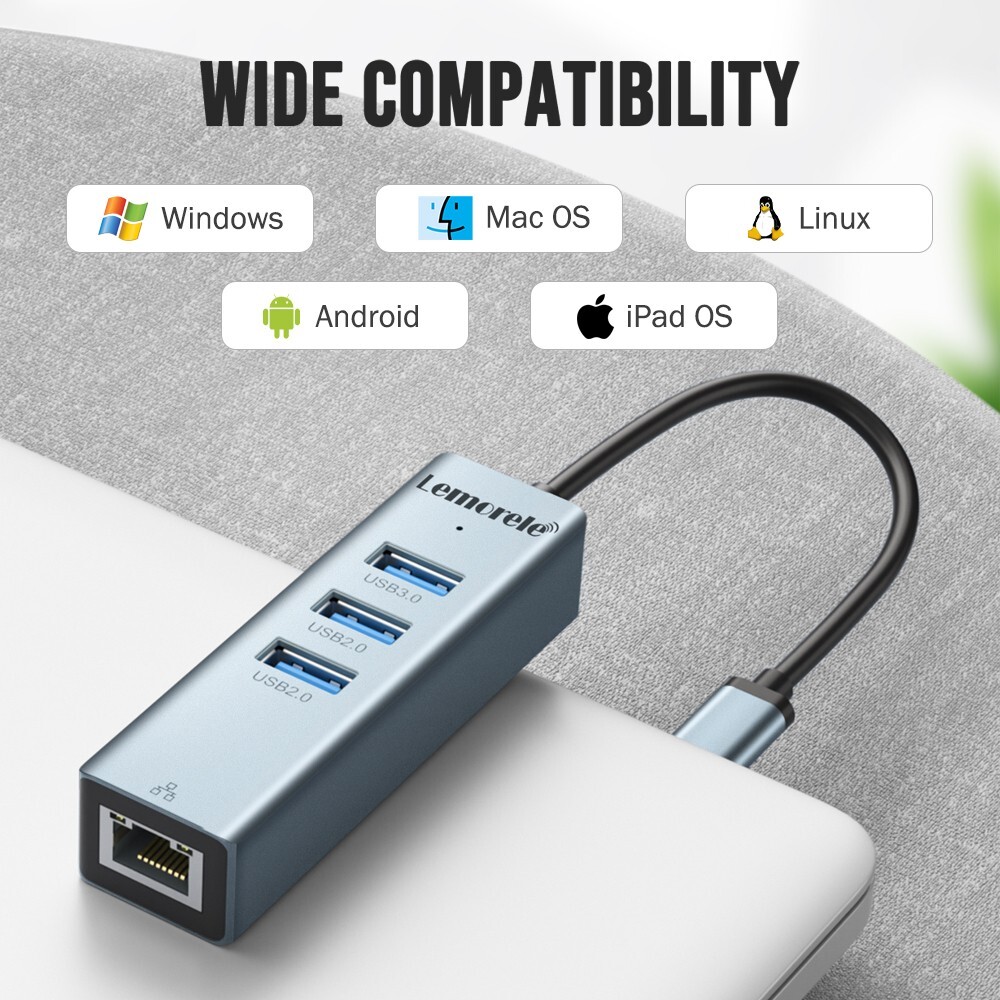 Lemorele USB Hub USB Adapter 4-in-1 USB+RJ45 LAN Network Port for Laptop Grey
