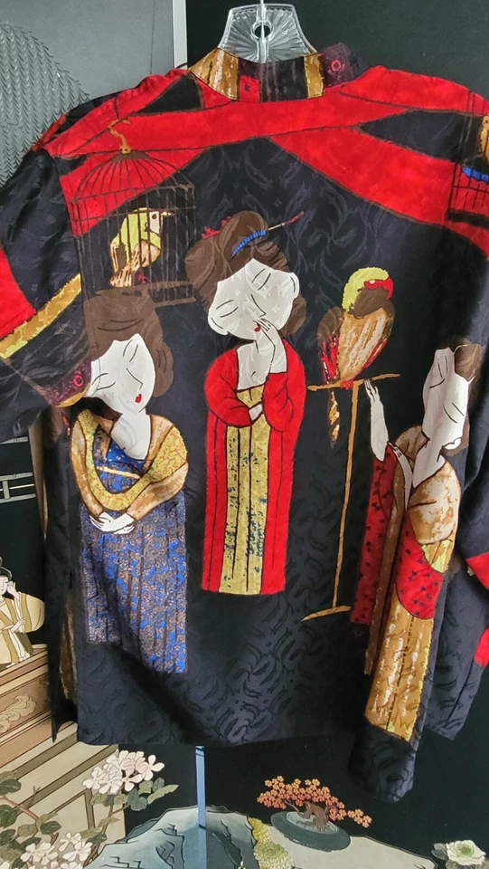 Impresionante Blusa Camisa Vintage Diseño Chicos 100% Seda Asiática Mujer Geisha Talla 0 Foto 4 de 4