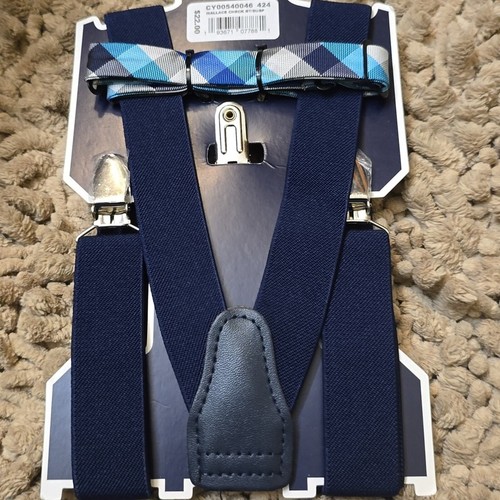 New Chaps Boys Navy Suspender Blue Black White Gray Plaid Bow Tie Set - Picture 4 of 4