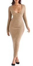 HOUSE of CB Lucille Camel Fuzzy Cozy Soft Knitted Faux Minx Maxi Dress S = 4/6