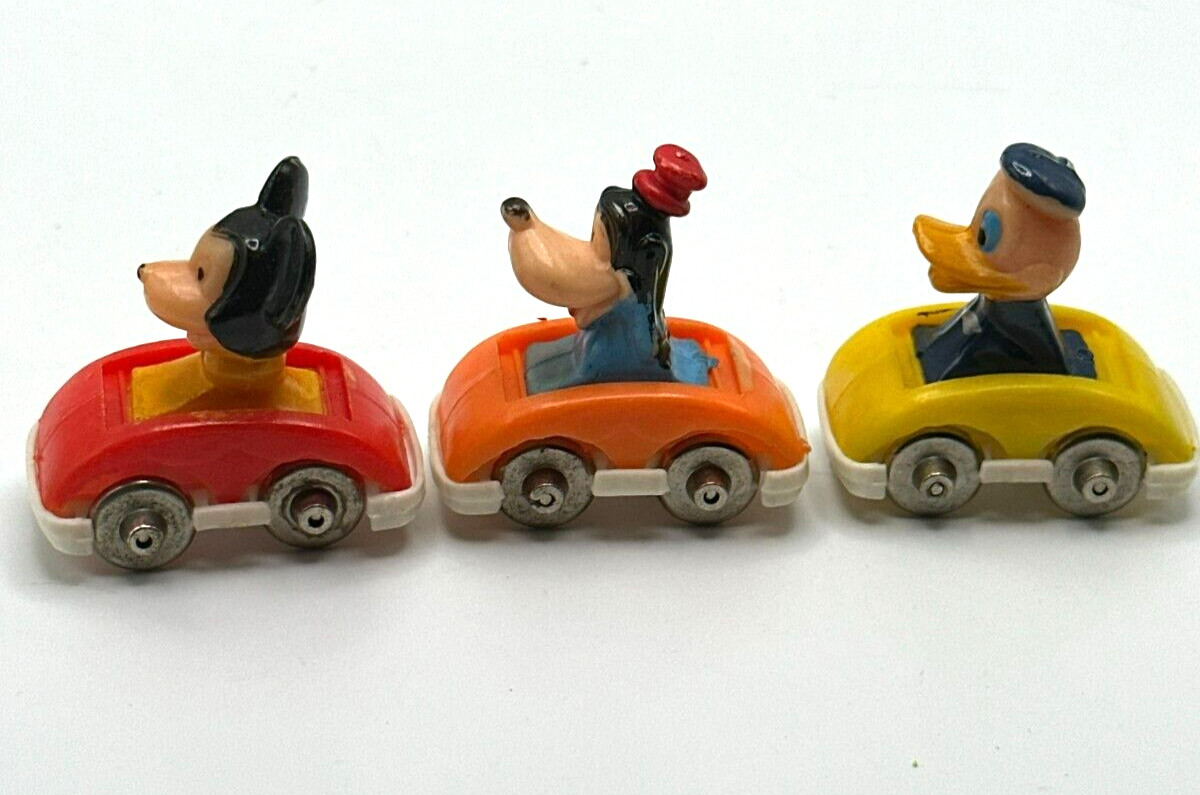 Goofy Donald Mickey Set of 3 Vintage Slot Cars Plastic w/Metal Wheels 2" Disney