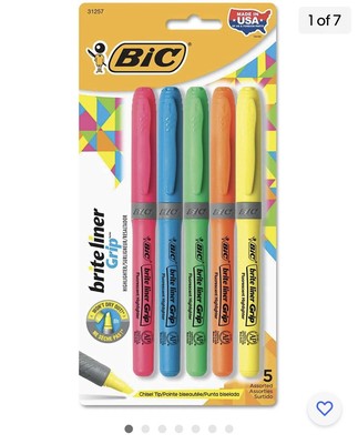 BIC Brite Liner Grip Highlighters, Chisel Tip, Assorted Colors, 5 Count