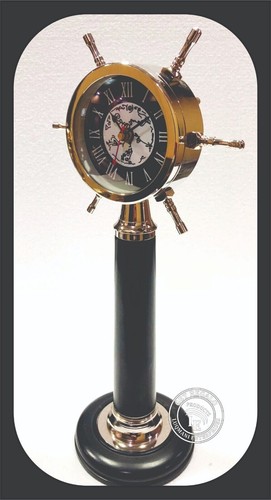 16' Ship Wheel Stand Clock Black Brass Nautical Style Maritime Display Decor - Picture 2 of 4