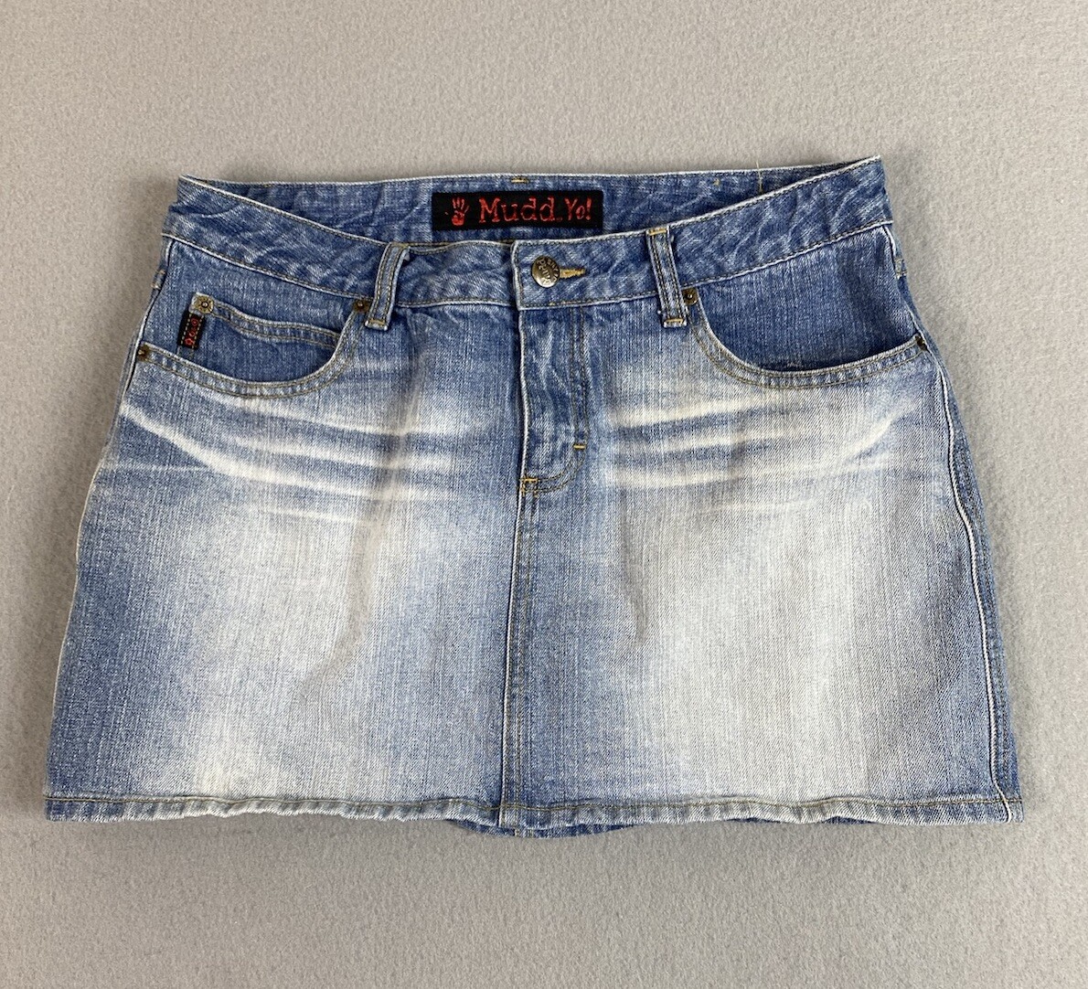 MUDD Jean Mini Skirt Womens 32x13 Blue Fading Whiskering Y2K Denim Tag 13 - Main Image