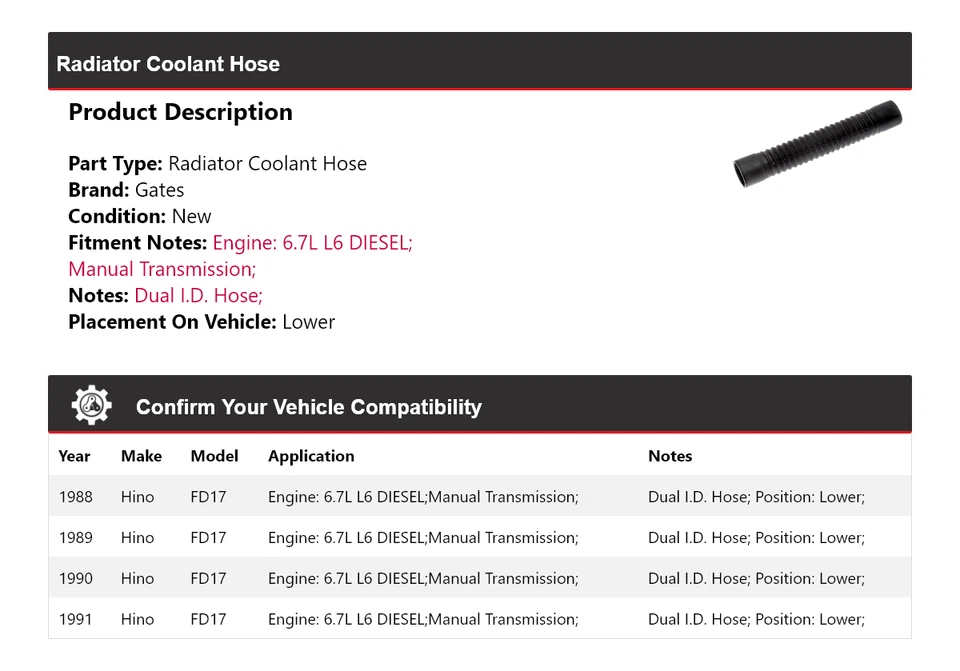 Para 1988-1991 Hino FD17 6.7L L6 DIESEL Radiador Refrigerante Mangueira Portas Inferiores 1989 - Imagem 2 de 4