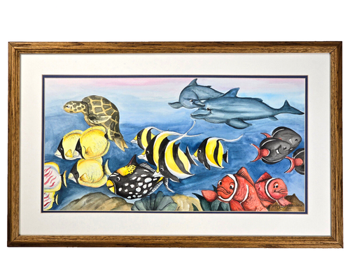 VTG Original Watercolor by Lisa Rasmussen, Tropical Fish, Dolphins, Sea Turtle - 第 1/16 張圖片