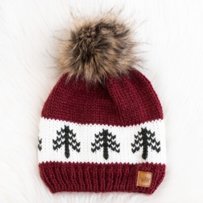 Burgundy Green Pine Evergreen Tree Holiday Knit Faux Fur Pom 