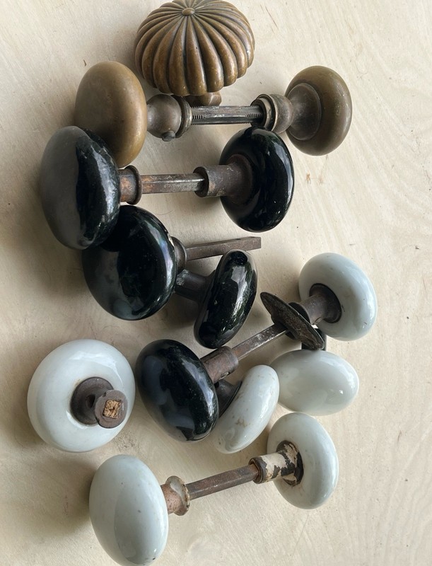 Lot Of Antique Brass Victorian Porcelain And Ceramic Doorknobs And Hardware