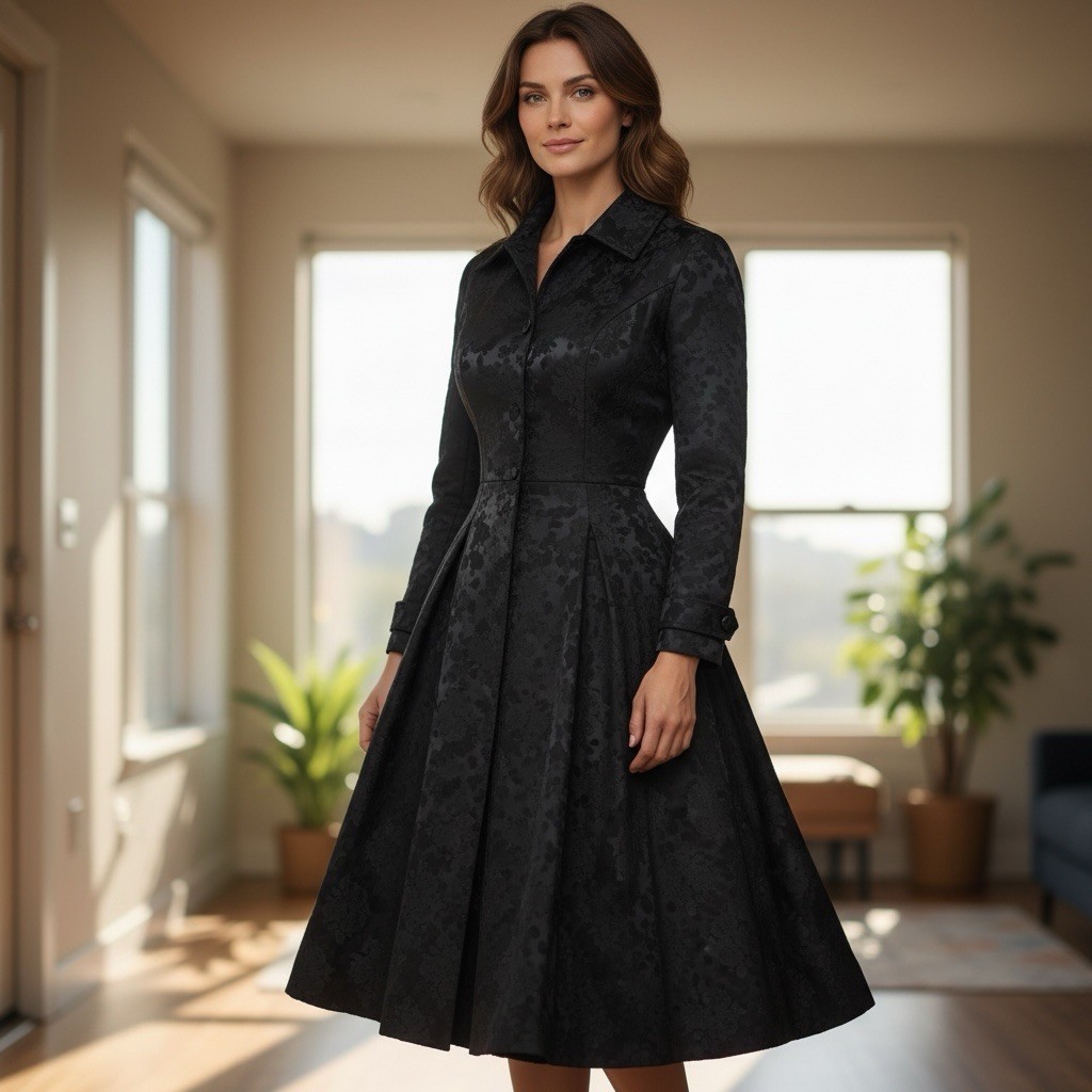 VTG 50’s Estevez Grenelle Black Floral Brocade Swing Hi-Lo Dress Tulle Bustled S