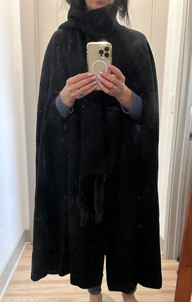 TRILOGI Casaco Antigo Capa Lã com Pele Guarnição de Vison Cauda Cachecol Preto Tamanho Único Missy - Imagem 2 de 4
