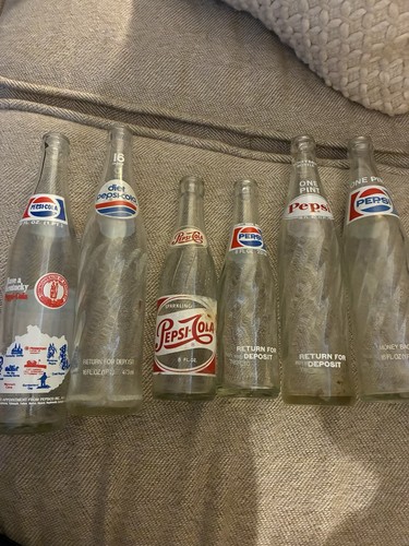 Vintage Pepsi Cola Bottles Set Of 6 From 1950’s Thru 80’s Four With Swirl Glass