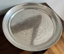 Large Silver Tone Moroccan Style Round Tray- 39 Cm