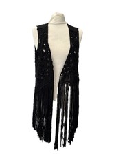 Label Be Crochet Fringe Vest Black Boho Festival Open Knit 12 Sleeveless NEW