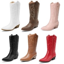 Women Western Boots Cowboy Cowgirl Boots Pull On Travel Mid Calf Riding Boots