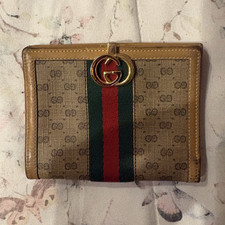 Gucci GG Logo Web Stripe Bifold Wallet Credit Card Folding Beige Brown