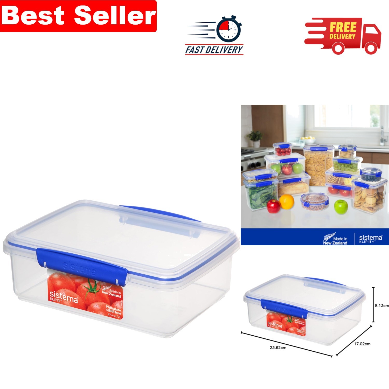 KLIP IT 2L Airtight Meal Prep Container | Stackable & BPA-Free with Blue Clips