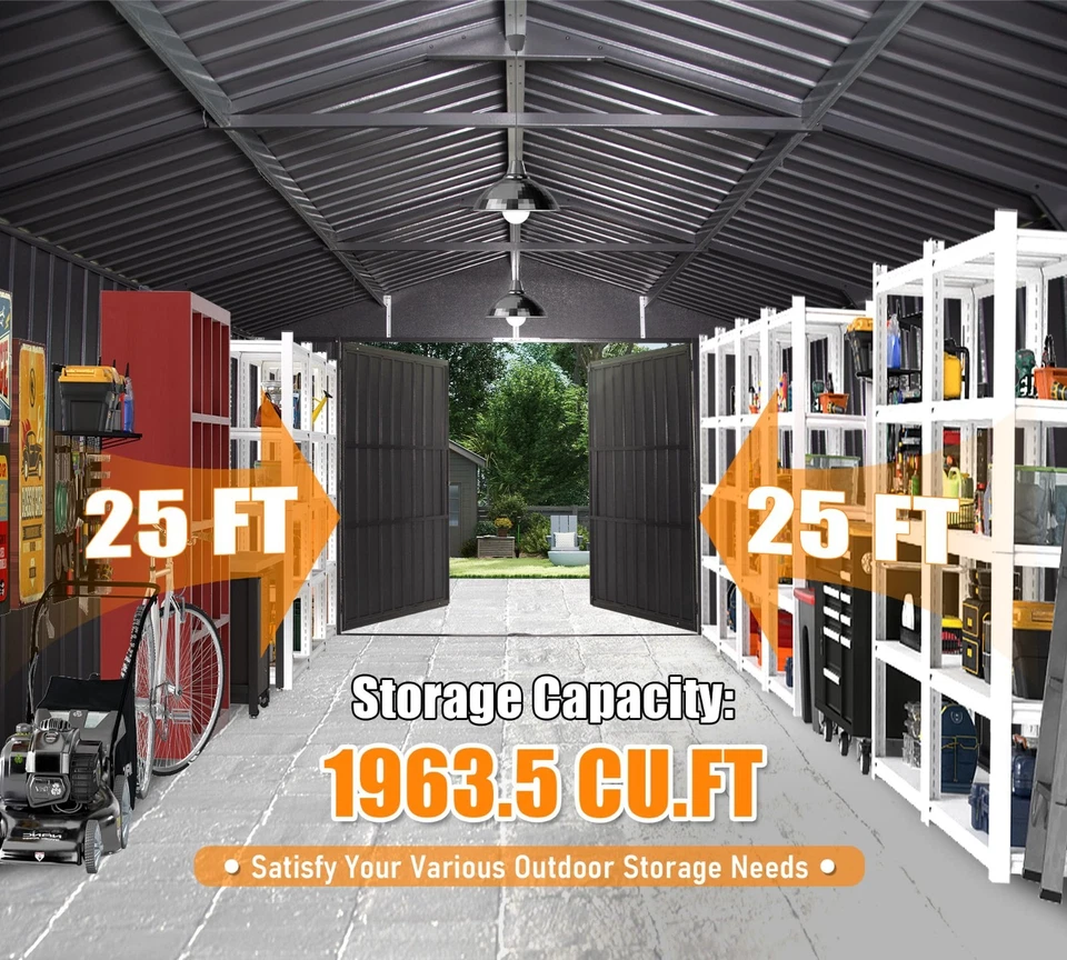 12x25 FT Outdoor Metal Garage Shed Extra Large Car Shelter w/ Lockable Door Gray - Image 4 of 4