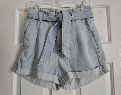 Express Women Shortie Super High Rise Tie Waist Cuffed Jean Denim Shorts Size 4