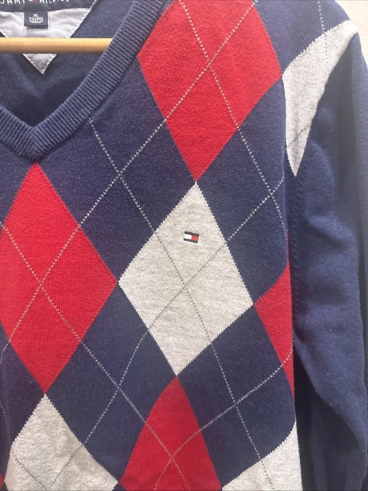 Tommy Hilfiger Argyle Suéter Cuello en V Para Hombre XL Extra Grande Azul Rojo Negro Foto 2 de 4