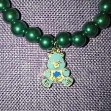Green Beaded Adjustable Bracelet with Blue Bear Dangle Charm for Girls