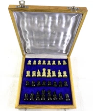 Chess Set Wooden Stone Hand Carved Marble Pieces Inlay Base 8"