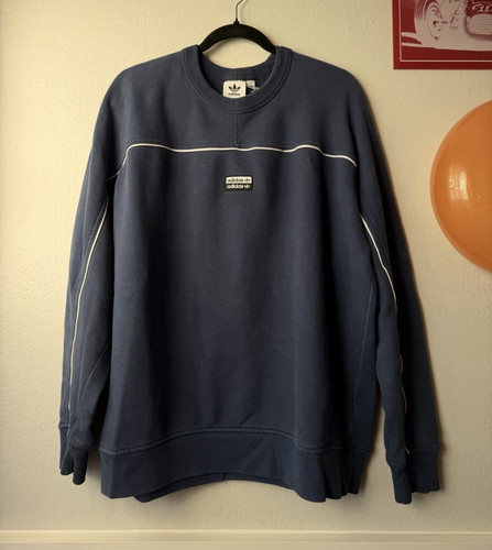 Adidas Men's L Navy Blue Crew Neck Pullover Sweater, Cotton Knit Trefoil Logo