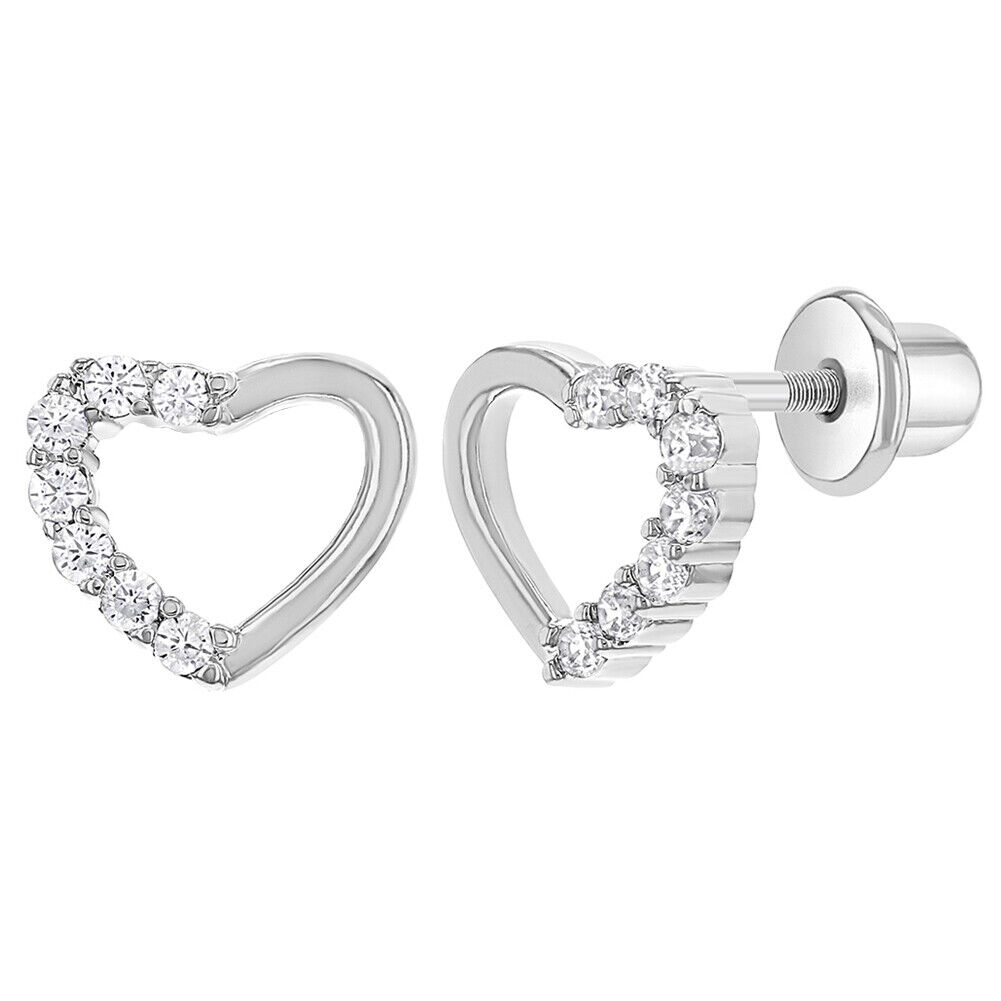 Rhodium Weekly update Plated Clear CZ Open Boston Mall Heart Back Toddl Earrings for Screw