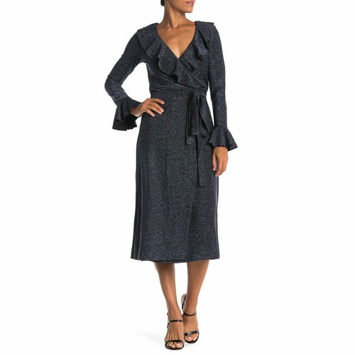 New Free People One More Time Blue Black Shimmer Ruffle Midi Wrap Dress XS - Picture 5 of 6