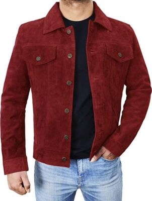 Men's Real Suede Leather Burgundy Trucker Jacket Moto Biker Button Coat - 136