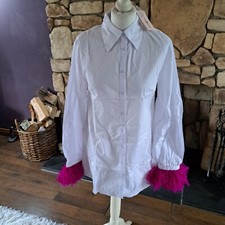 Jaded Rose Balloon Sleeve Shirt Dress White Hot Pink Faux Feather Cuff Size 8