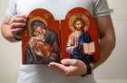 Large Handmade wooden Diptych Icon with Virgin Mary  and Jesus Christ.