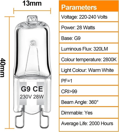 Versatile G9 Halogen Bulbs (28W) - 10 Pack Dimmable, Flicker-Free Lighting - Picture 4 of 10