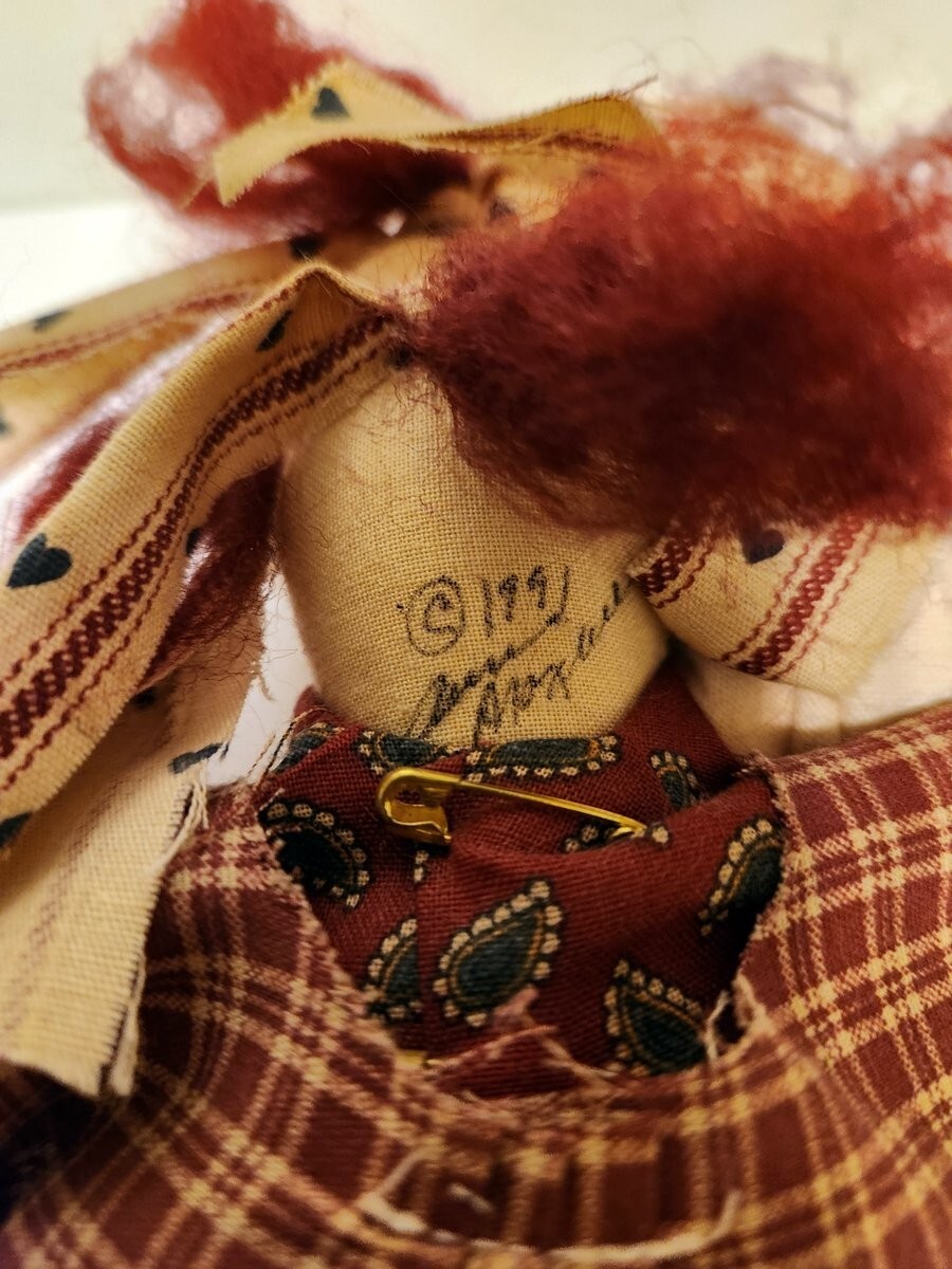 Handmade Rag Doll, Signed, Red Hair & clothes, Sucking Thumb and Holding Blankie
