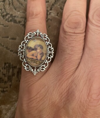 Retro Silver Filigree Victorian Angel Cherub Ring w/ adjustable band - Size 6