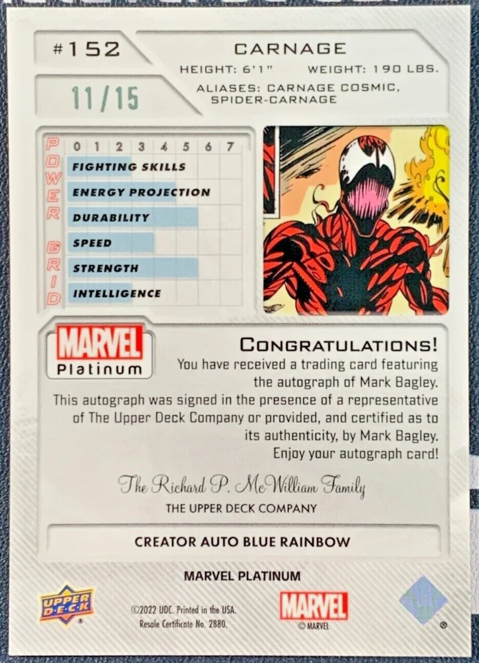 2022 Upper Deck Marvel Platinum Carnage #152 Creator Auto Blue Rainbow 11/15 - Image 2 of 2