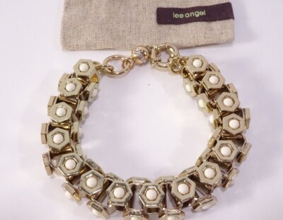 Lee Angel Women's Howlite Cabochon Gold Brass Box Link Bracelet NWT 168