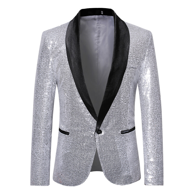 Men Sequins Suit Jacket Formal Wedding Performance Host Coat Glitter Suit Blazer