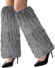 Women Faux Fur Fluffy Leg Warmers Fuzzy Long Boot Covers Furry for Gray