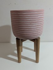 Pink Striped Round Flower Pot Planter with Wooden Stand