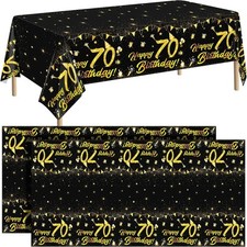 "2 Pack 70th Birthday Tablecloth Table Cover Plastic Black Gold Happy Tableclo..