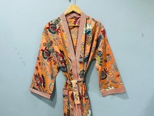 Indian Peacock Print Robe Kimono Cover Up Robe Cotton Boho Bridal Gift Orange