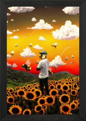 Gerahmtes Wandbild Poster Leinwanddruck Bild Mann im Sonnenblumenfeld