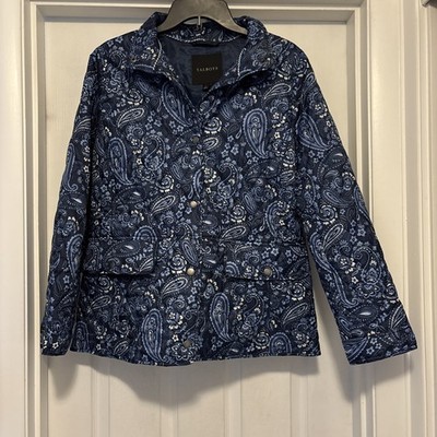 Talbots Quilted Jacket Snap Floral Paisley Pockets Lined Blue Large Lightweight