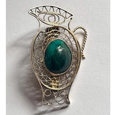 Vintage Filigree Sterling Silver 925 Eilat Stone Jug Pitcher Brooch Pin Israel