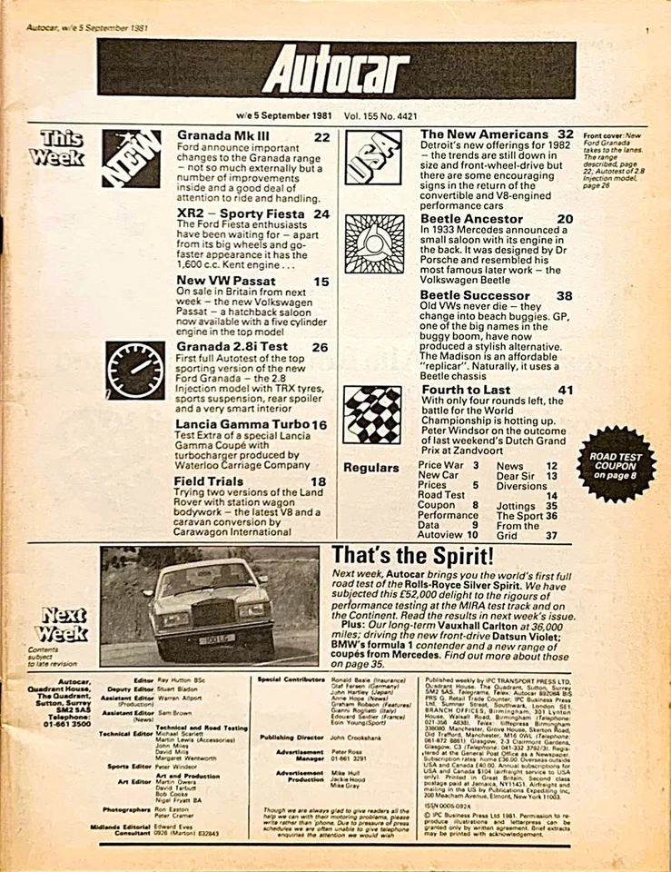 AUTOCAR MAGAZINE 05-SEP-81 - Ford Granada 2.8i, Fiesta XR2, Lancia Gamma Turbo - Image 2 of 4