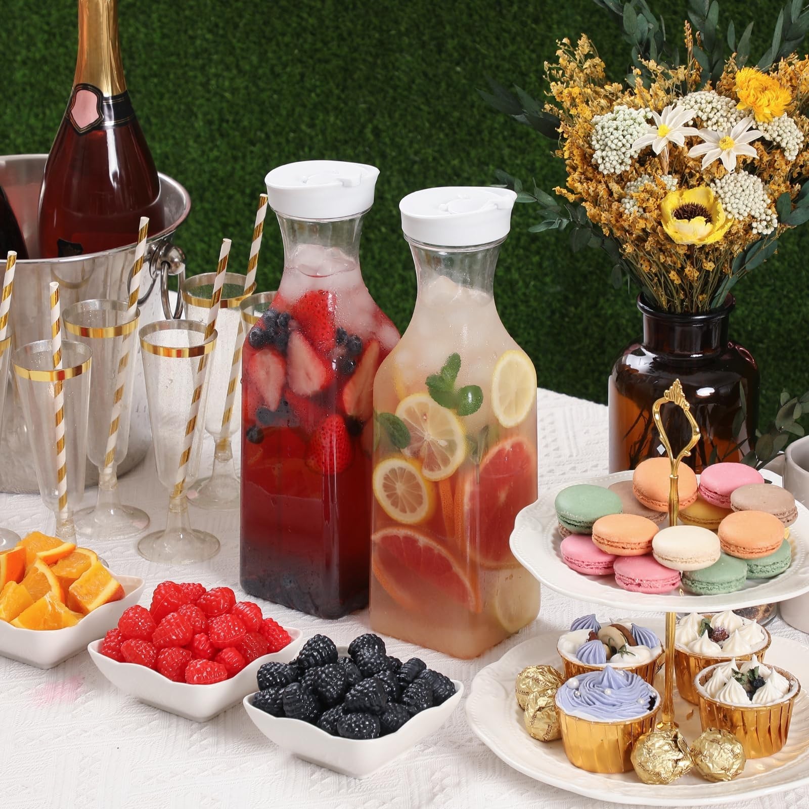 NETANY Plastic 50 Oz Water Carafe with Flip Top Lid, Set of 2 Square Base Jui...