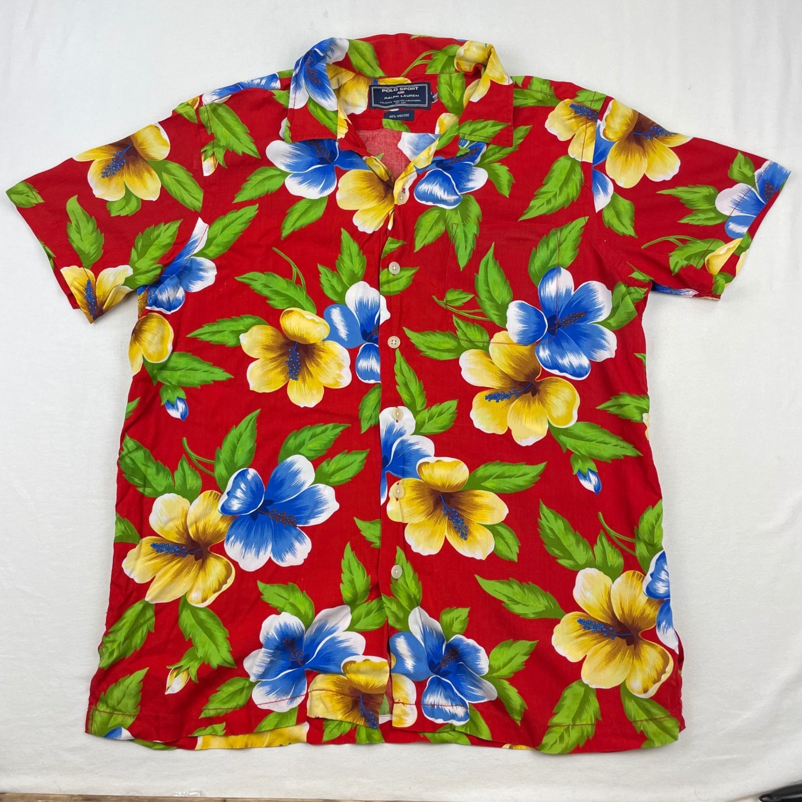 Vintage 90s Polo Sport Ralph Lauren Red Hibiscus Floral Viscose Shirt Mens L