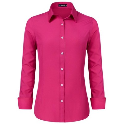 Blouse Women Rose Red Cotton Long Sleeve Easy Care Button Front V Collar Slim...